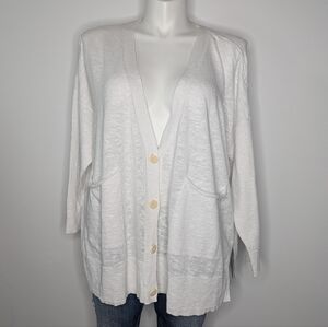 Eileen Fisher White V Neck Long Sleeve Button Up Cotton Linen Cardigan 3X